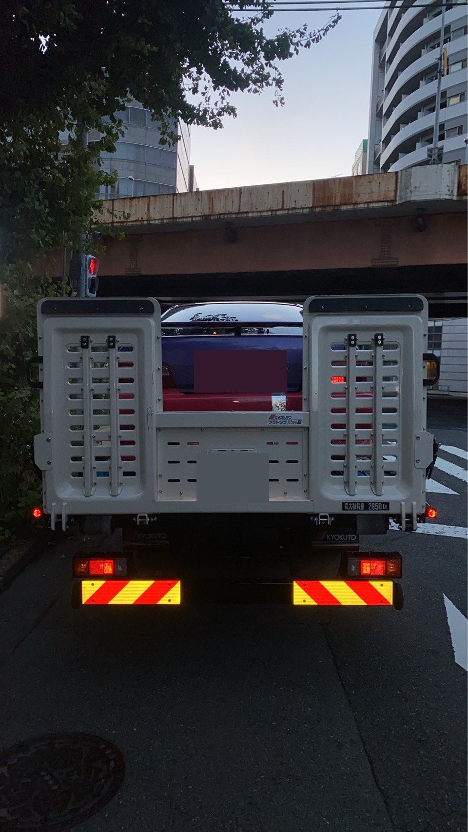 積載車に載せられた車両を後方から撮影した状況