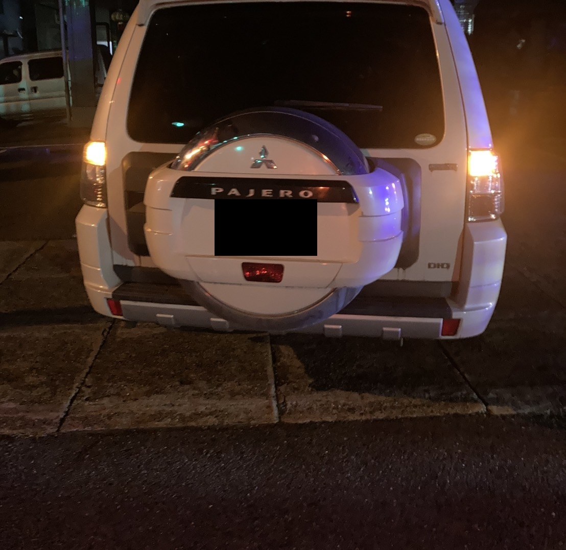 夜間、路上に停車したSUVを後方から見た様子（ナンバープレートはマスク処理）